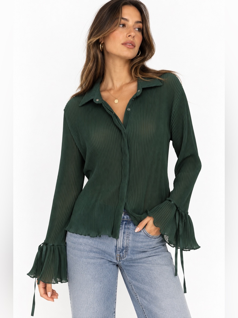 Princess Polly Ravil Forest Green Pleated Flare Sleeve Shirt Size 12